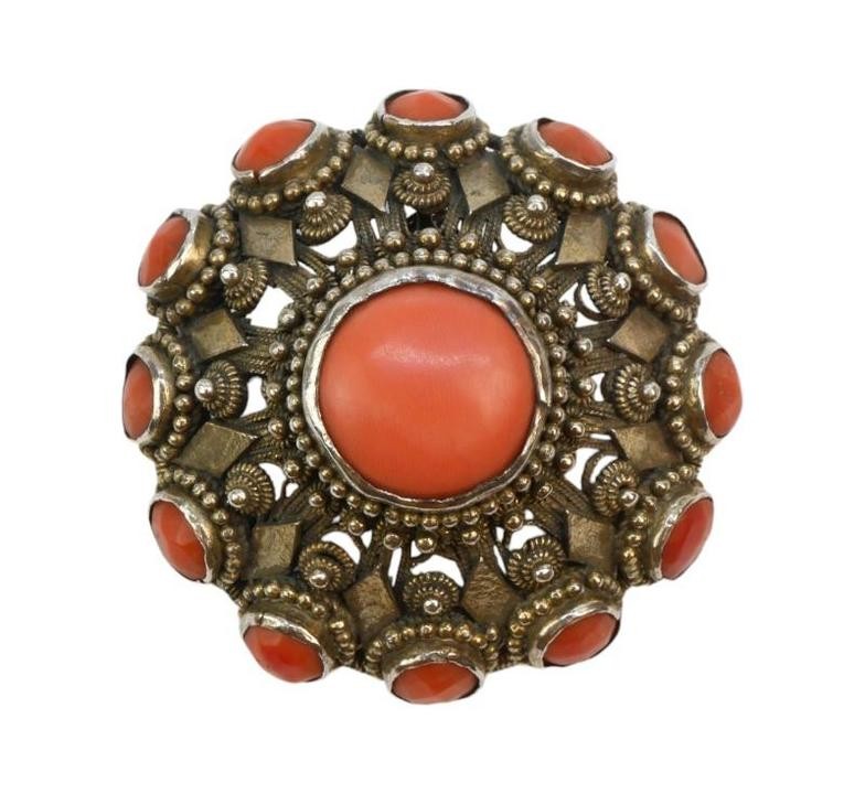 Starožitná stříbrná brož/závěs s korálem