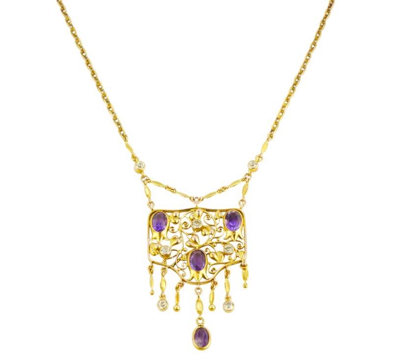 Zlatý secesní náhrdelník s ametysty a leukosafíry