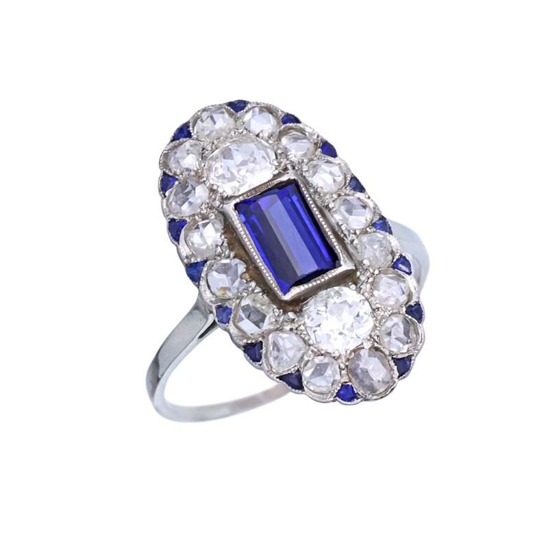 Art deco zlatý prsten s přírodními diamanty 1,20 ct, safíry