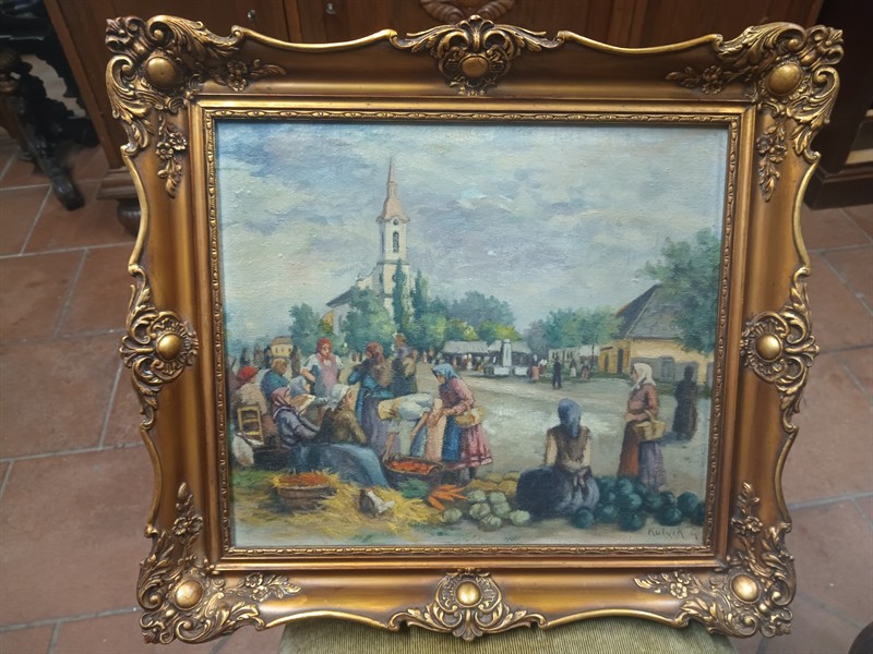 Obraz olej Na trhu, signováno