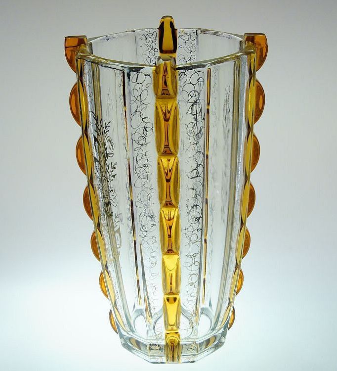 Velká váza - ambrové lunety a malovaný zlatý dekor, styl ART - DECO sklárna Josef INWALD