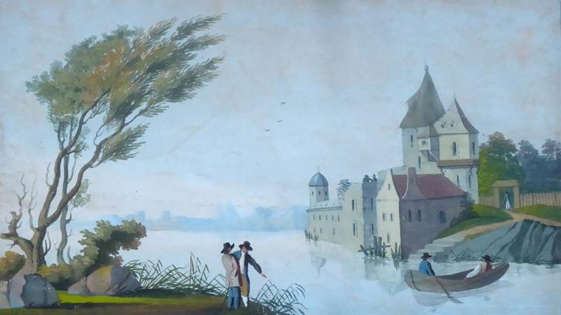 Zámek u jezera, s loďkou a postavami