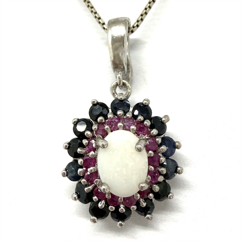 Stříbrný náhrdelník s opálem, rubíny a safíry - květ