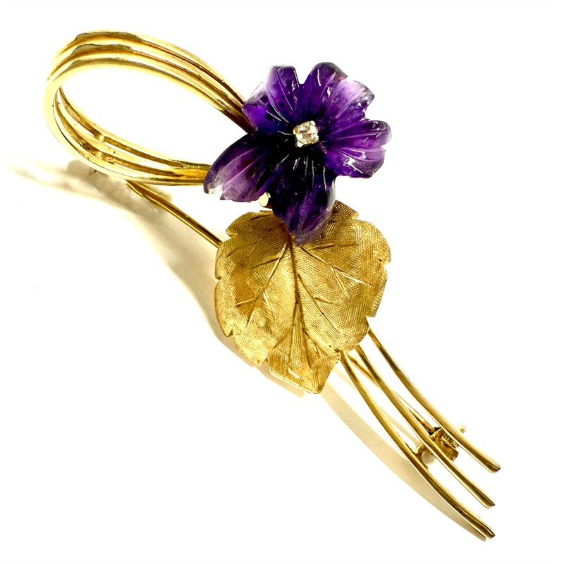 Zlatá brož s ametystem a briliantem - fialka