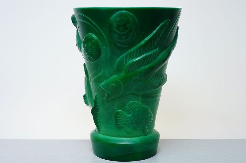 Art - deco váza "MOŘE", Curt Schlevogt  INGRID, malachitové sklo