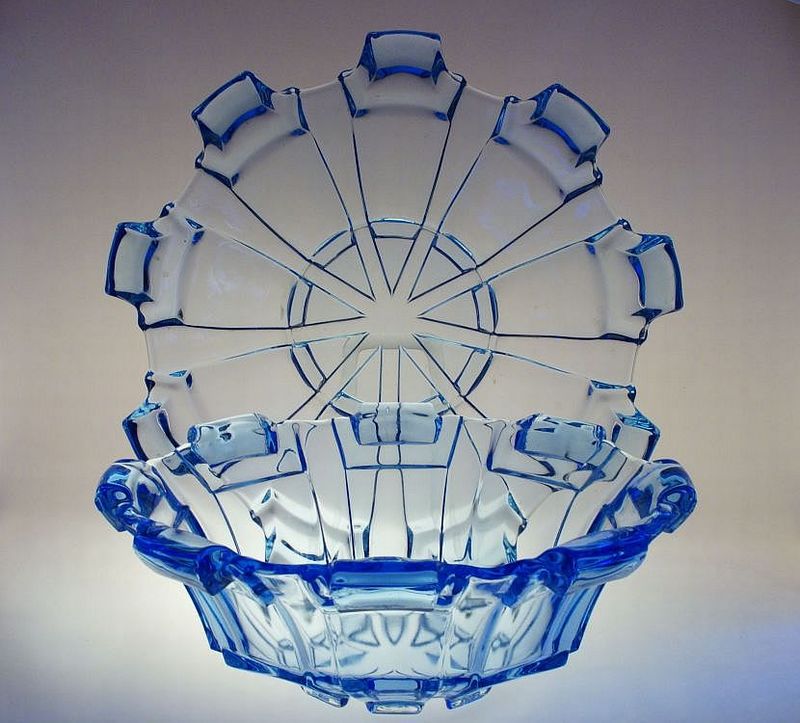 Akavamarin. sklo - Art Deco mísa a žardiniera, sklárna J. INWALD