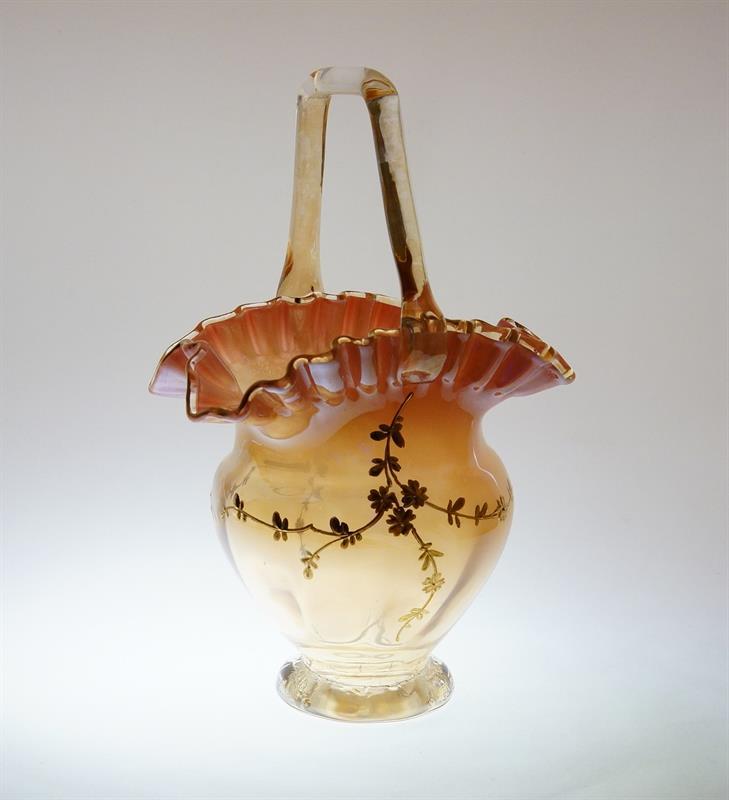 Secesní košík hutně tvarované sklo dekor listr a malba