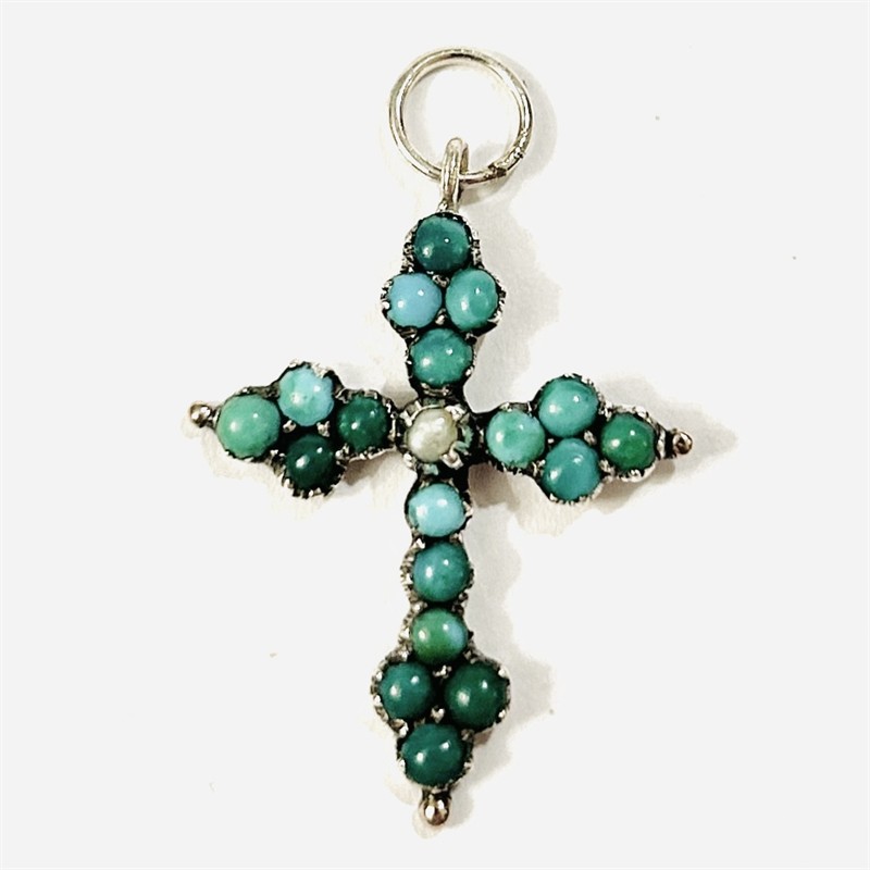 Starožitný přívěšek "kříž" s tyrkysy a perlou