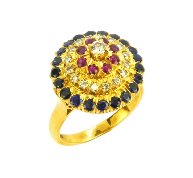 Zlatý prsten s brilianty, rubíny a safíry