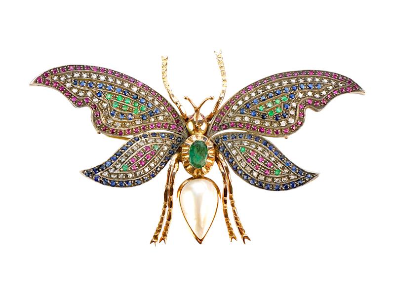 Monumentální zlatá brož- závěs s diamanty, drahými kameny a perlou