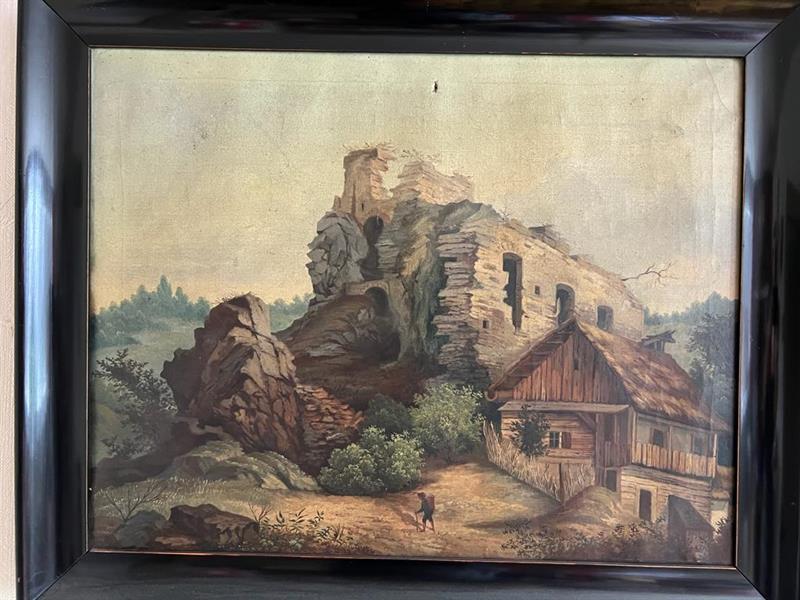 Starý obraz olejomalba na plátně se zříceninou 19.století