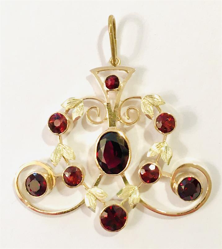 Zlatý secesní závěs s almandiny a granáty