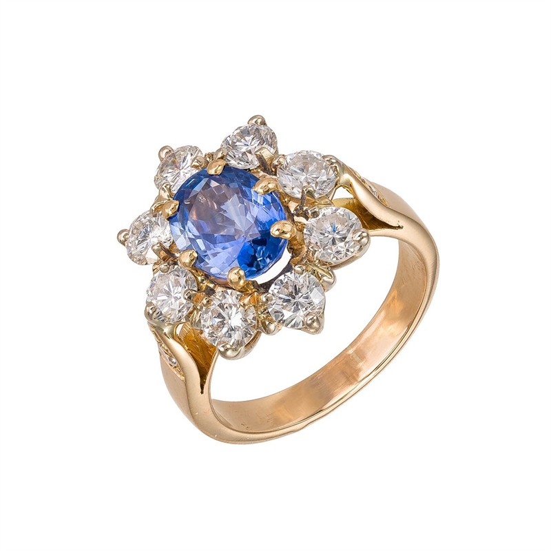 Zlatý prsten s přírodním safírem 2,63 ct diamanty – certif.