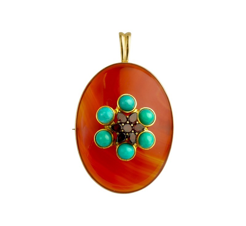 Zlatý závěs (brož) s achátem, tyrkysy a českými granáty