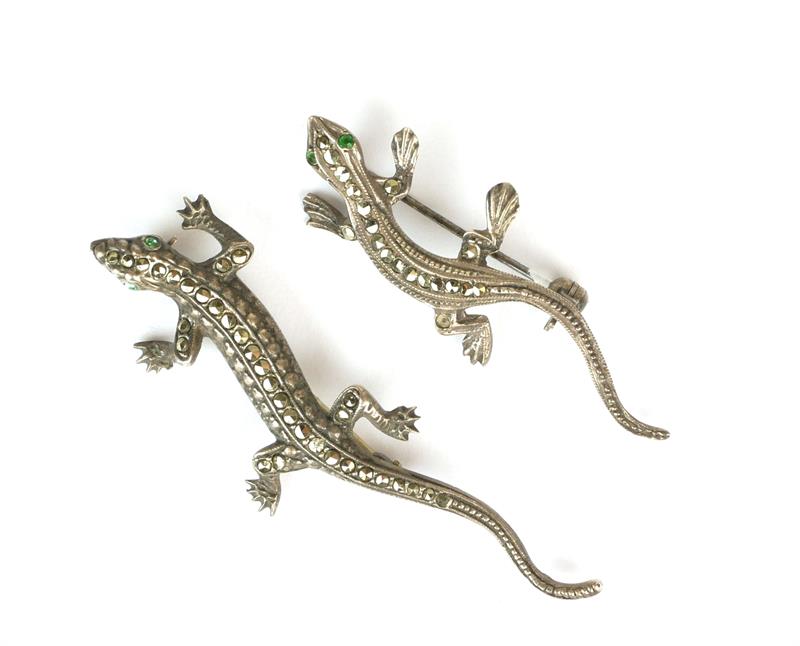 Dvě ještěrky - stříbrné brože s markazity