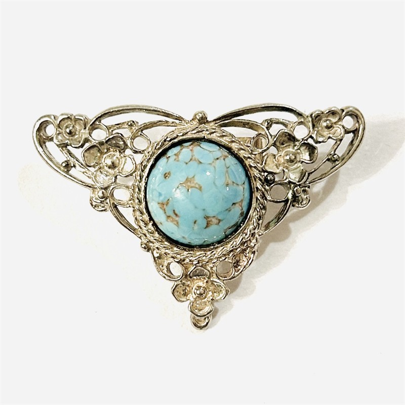 Stříbrná neosecesní spona na šátek s brokátovým sklem