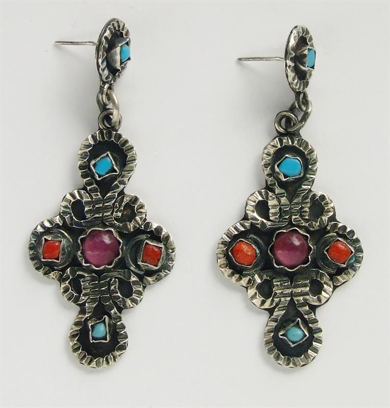 925 Ag náušnice s barevnými kameny, MEXICO