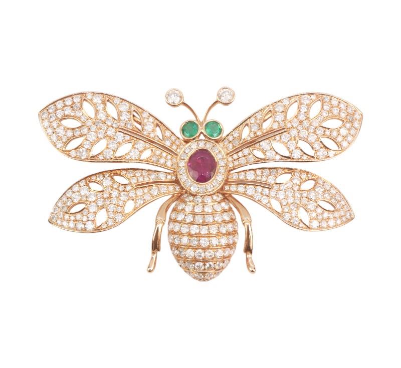 Zlatá brož s brilianty, smaragdy a rubínem - motýl
