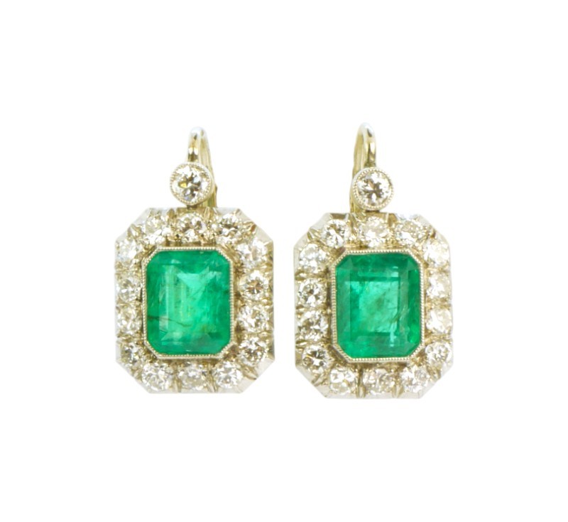 Zlaté starožitné náušnice se smaragdy a diamanty