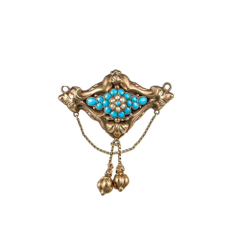 Zlatá starožitná brož/přívěs s tyrkysy