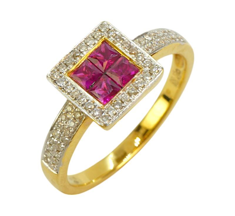 Zlatý prsten s brilianty a rubíny