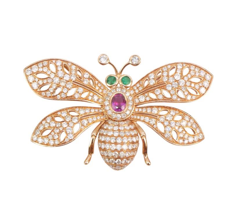 Zlatá brož s brilianty, smaragdy a rubínem - motýl
