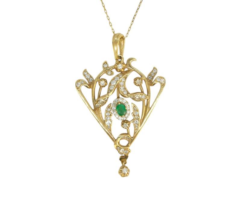 Zlatý secesní kolier s brilianty a smaragdem