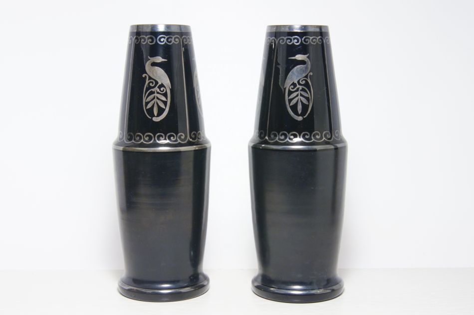 Párové vázy z hyalitového skla, motiv orientálních ptáků - CHINOSERIE