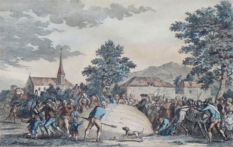 Poplach při pádu balónu 27. 8. 1783 v Gonesse ve Francii