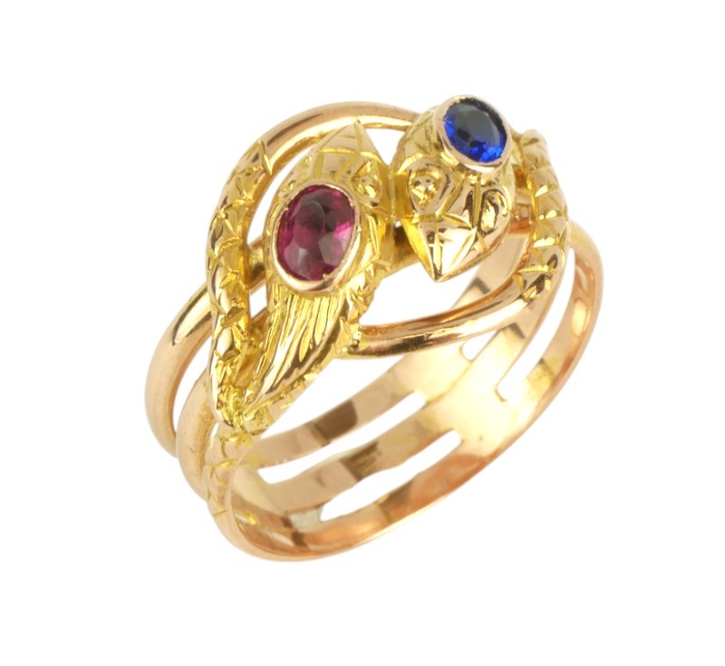 Zlatý starožitný prsten "hadi" s červeným a modrým kamenem