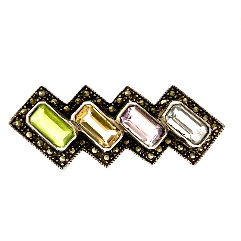 Stříbrná Art deco brož s markazity a drahými kamen