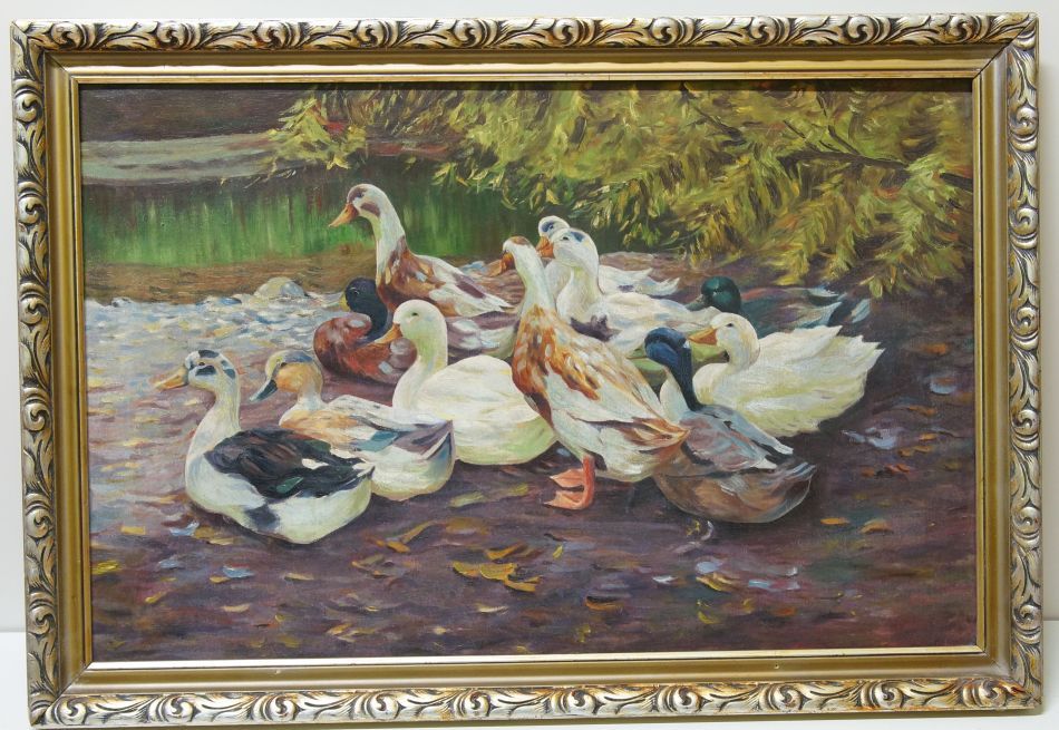 Kachny na břehu,  Vojtěch Hynek POPELKA? nesign. olej na plátně