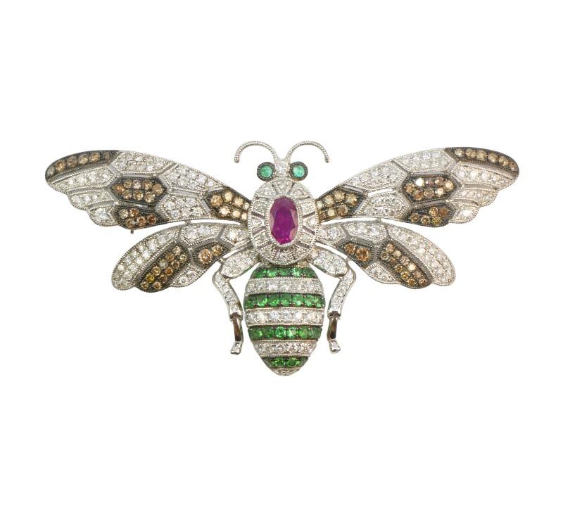 Zlatá brož s brilianty, smaragdy a rubínem - včela