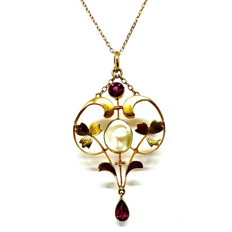 Zlatý secesní náhrdelník s perletí a rubíny