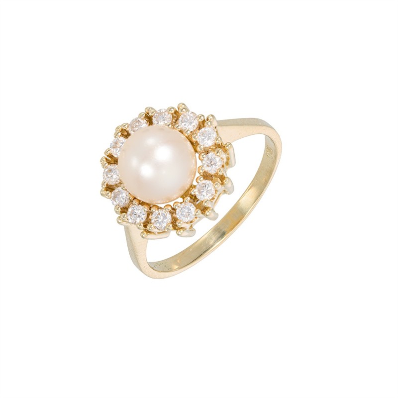 Zlatý prsten s přírodními diamanty (0,44 ct) a perlou