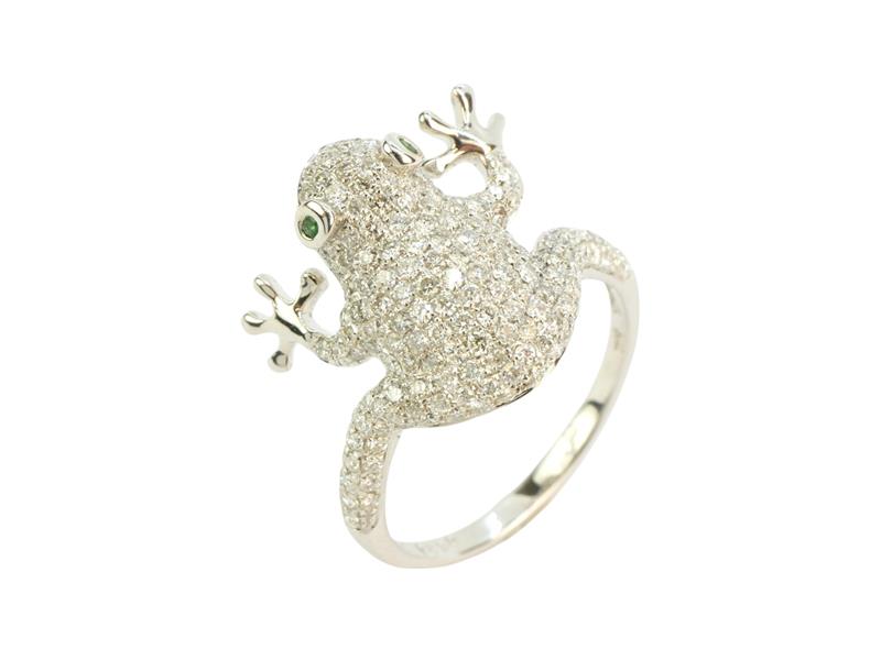 Zlatý prsten s brilianty a smaragdy ve tvaru žáby