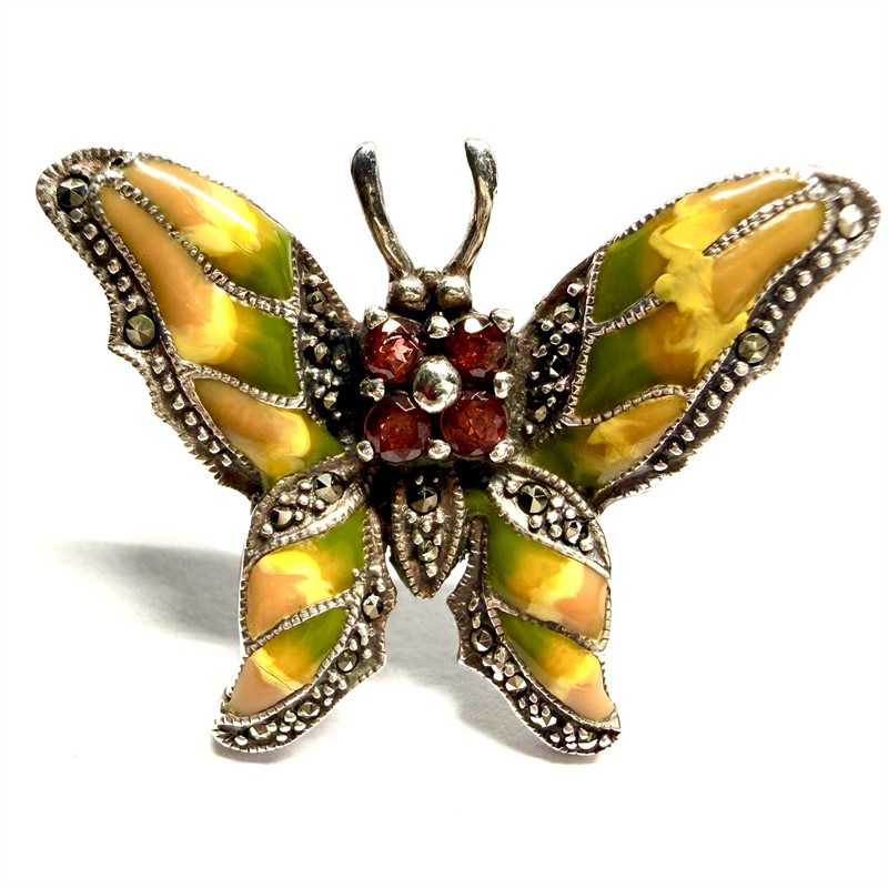 Stříbrná brož se smalty, granáty a markazity - motýl