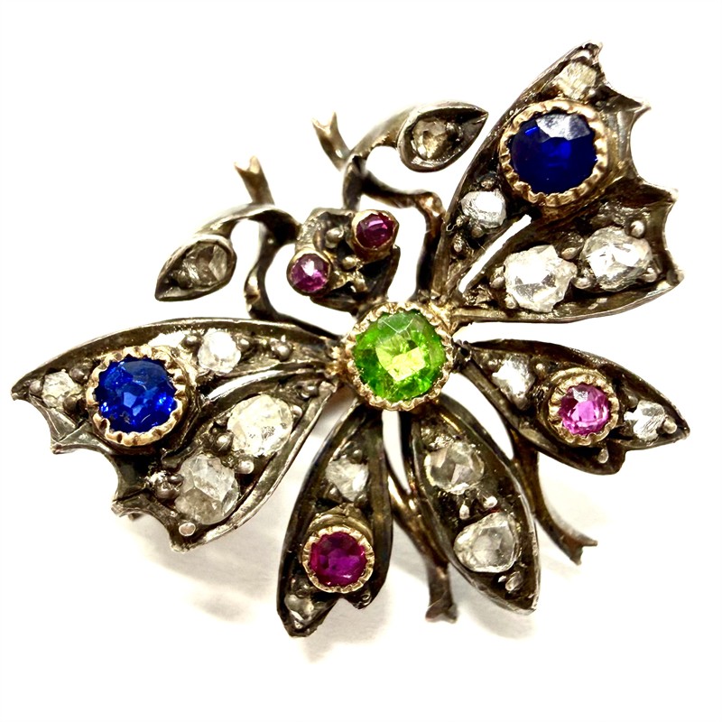 Miniaturní zlatostříbrná brož s diamanty a drahými kameny