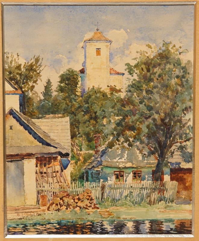 Staré chalupy u vody - Bořivoj HNÁTEK akvarel z roku 1943