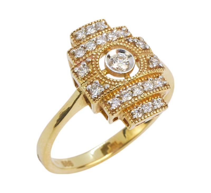 Zlatý briliantový prsten ve stylu art deco.