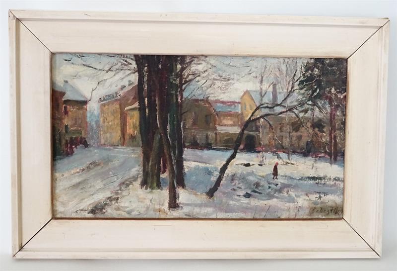 Zima ve městě - René ŠEBESTÍK olejomalba na kartonu