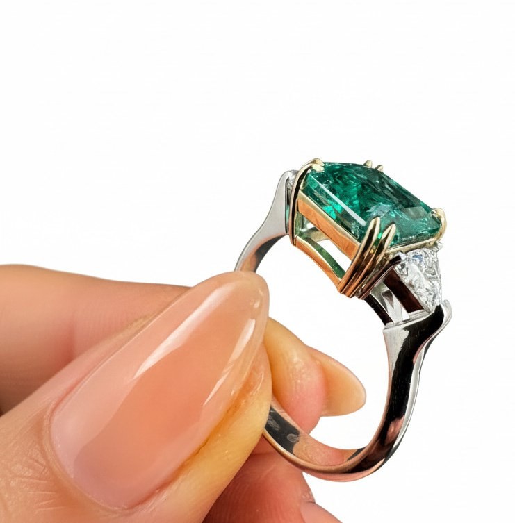 Zlatý prsten s přírodním smaragdem 3,15 ct a diamanty LAB GROWN