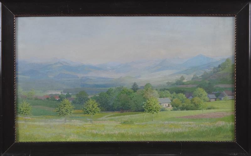 Monogram J. P. W. - Pohled do otevřené krajiny pod horami