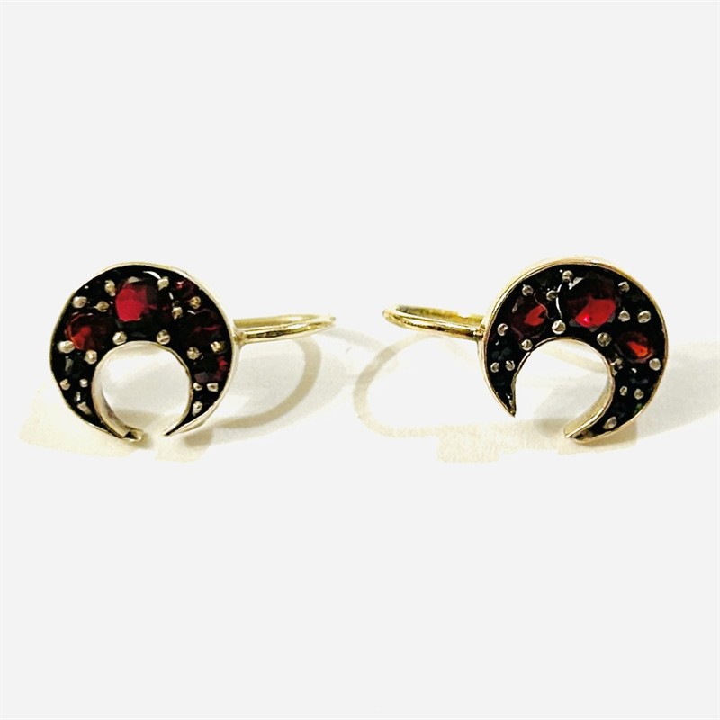 Zlaté starožitné náušnice "srpek měsíce" s českými granáty