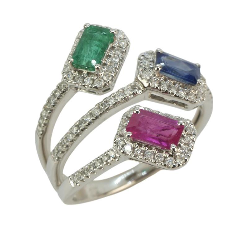 Zlatý prsten se smaragdem, safírem, rubínem a brilianty