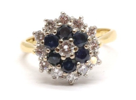 Zlatý prsten s diamanty a safíry