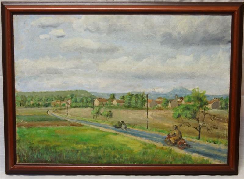 Podřipsko - krajina s motocyklistou, olejomalba na plátně
