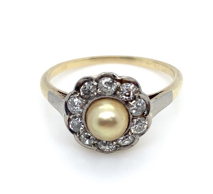 Zlatý starožitný briliantový prsten s perlou