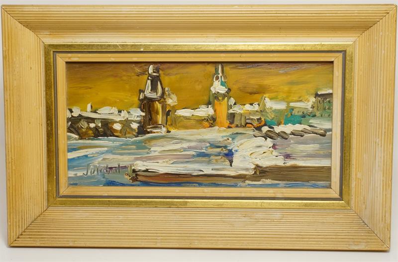 Pražský zimní motiv, pastózní olejomalba - Josef DLABAL