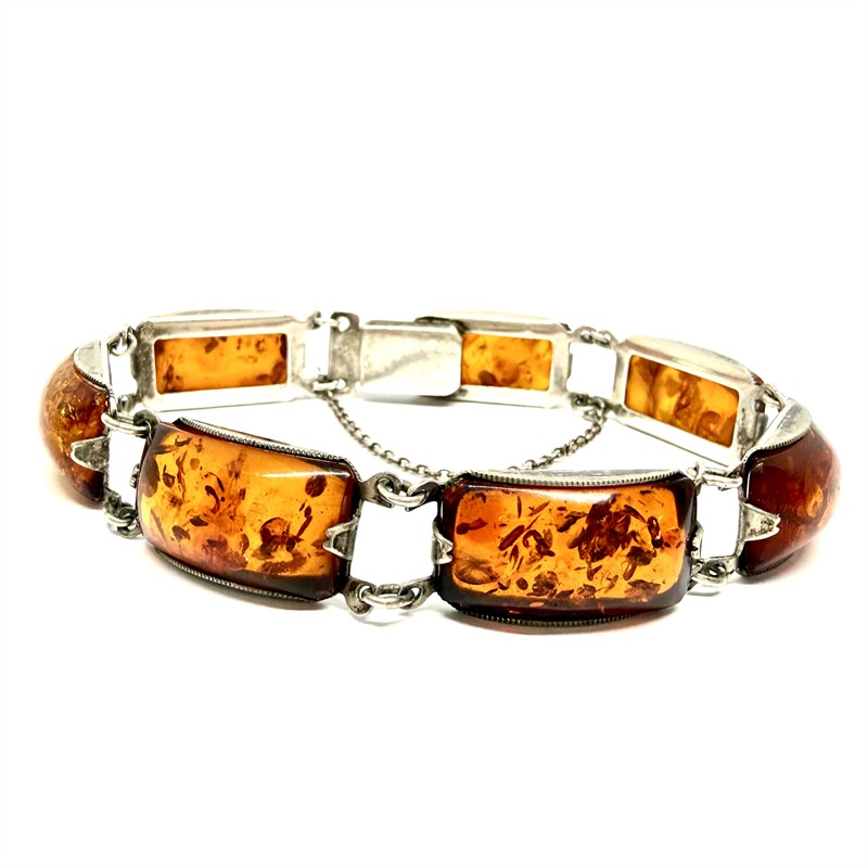 Stříbrný článkový náramek s jantary